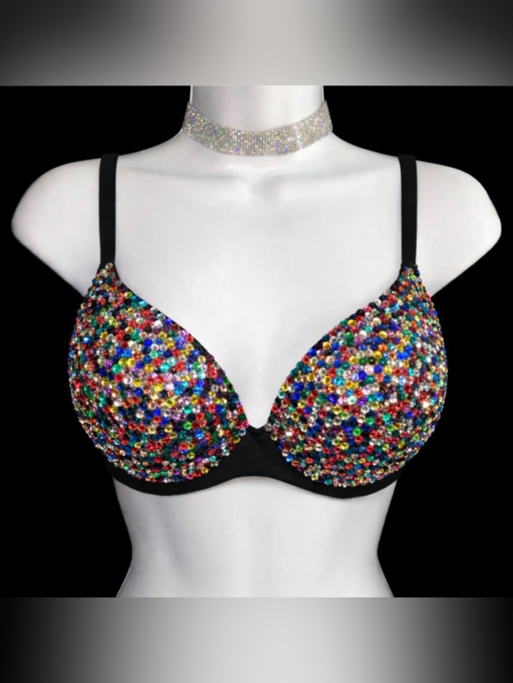 32D MultiColour Design Rhinestone Glam Bling Bra Top - Picture 2 of 9